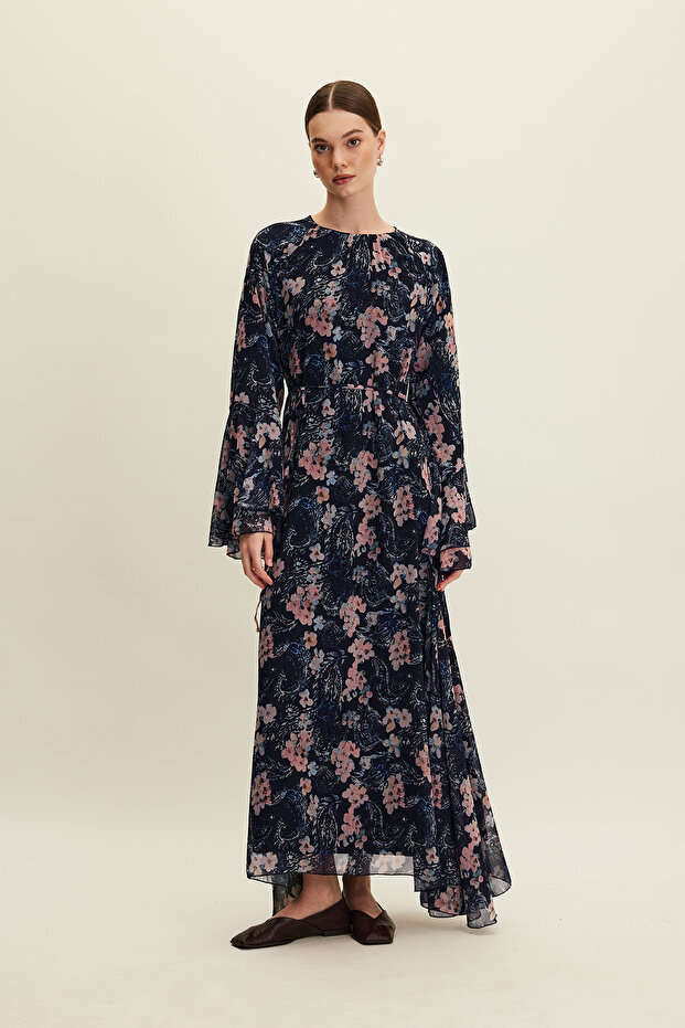 Chiffon-Volantkleid mit Blumenmuster