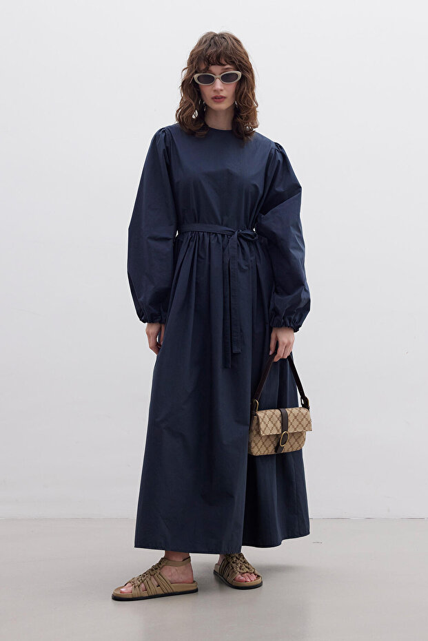 Premium Poplin Dress with Pleats Navy Blue