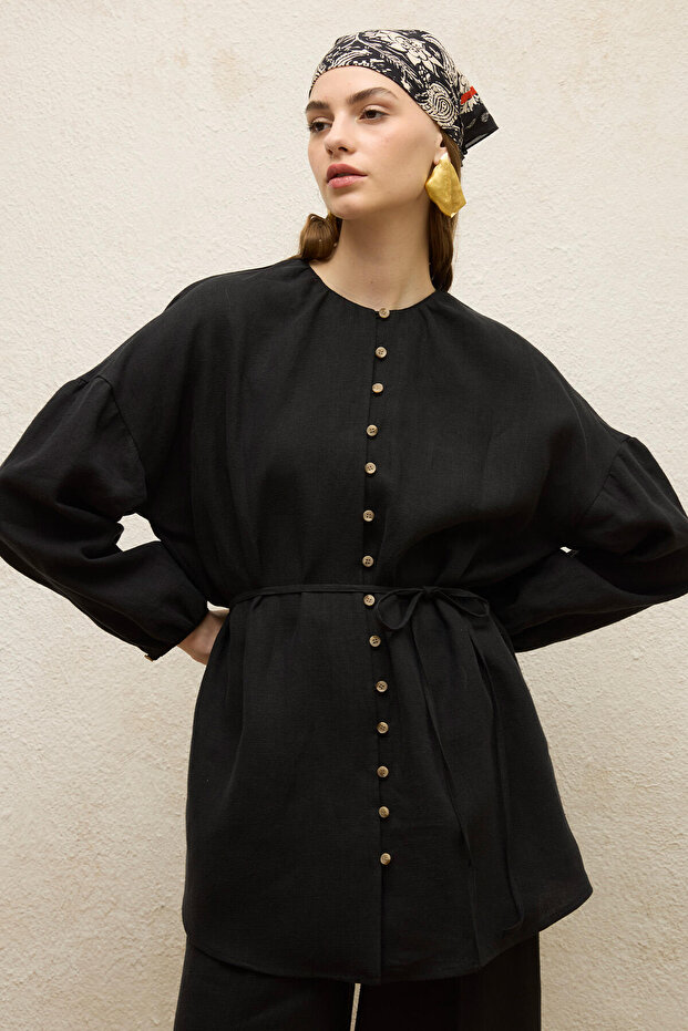 LINEN BALLOON SLEEVE SHIRT BLACK