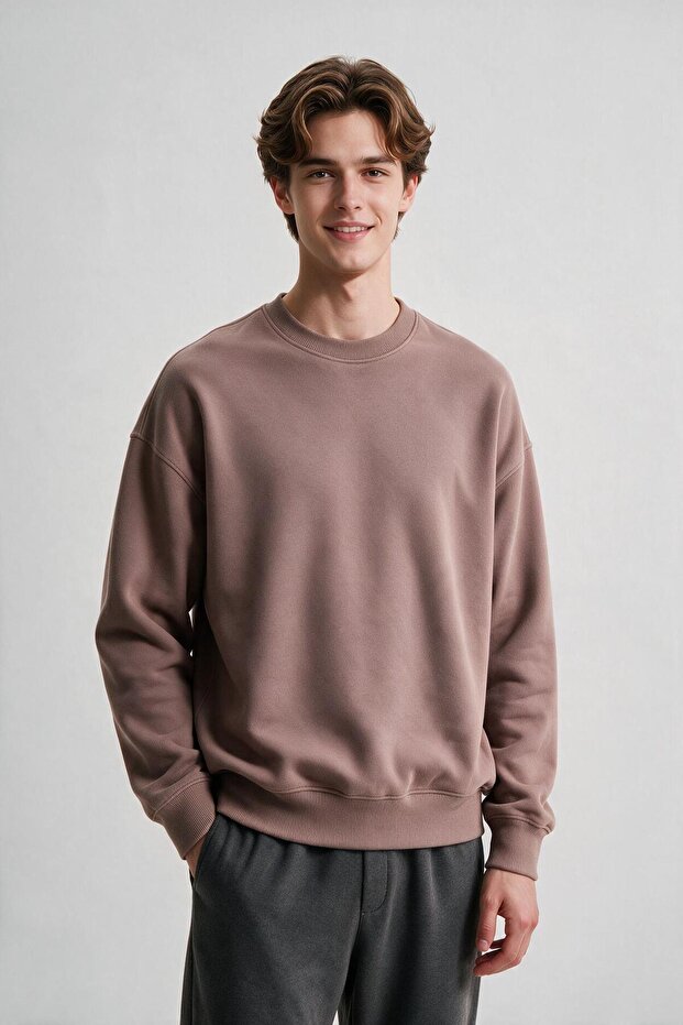 Men's Brown Crew Neck 3-Thread Fleece Sweatshirt