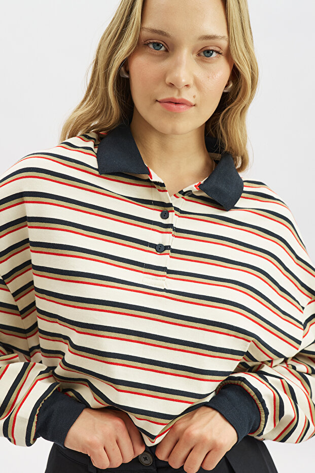Polo Collar Striped Sweatshirt Navy Blue