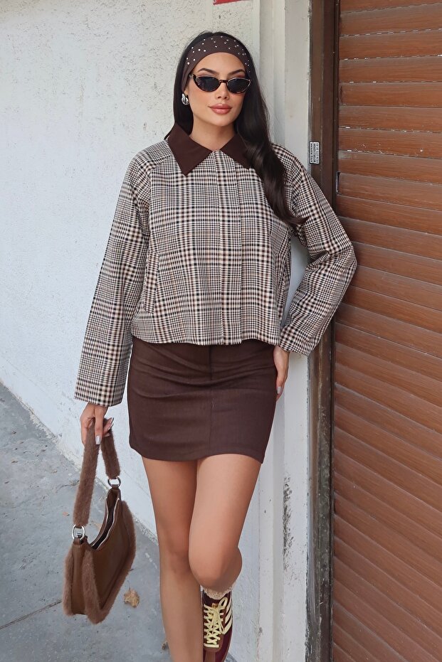 Women's Plaid Pattern Contrast Collar Jacket