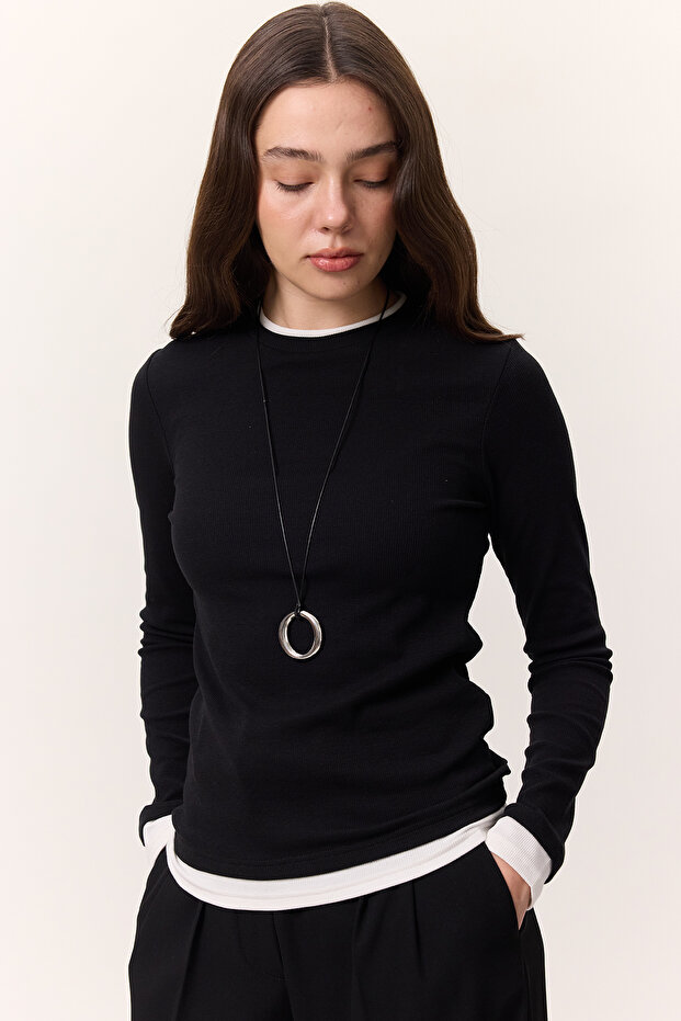 Long Sleeved Garnished Bodysuit Black