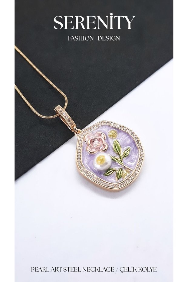 Purple Art Steel Necklace with Rose Figure and Green Leaves