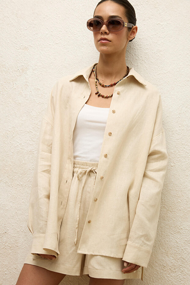 Beige Linen Oversize Buttoned Shirt