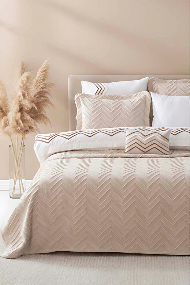 Almila Beige Double Duvet Cover Pique Set - 8 Piece Dowry Set