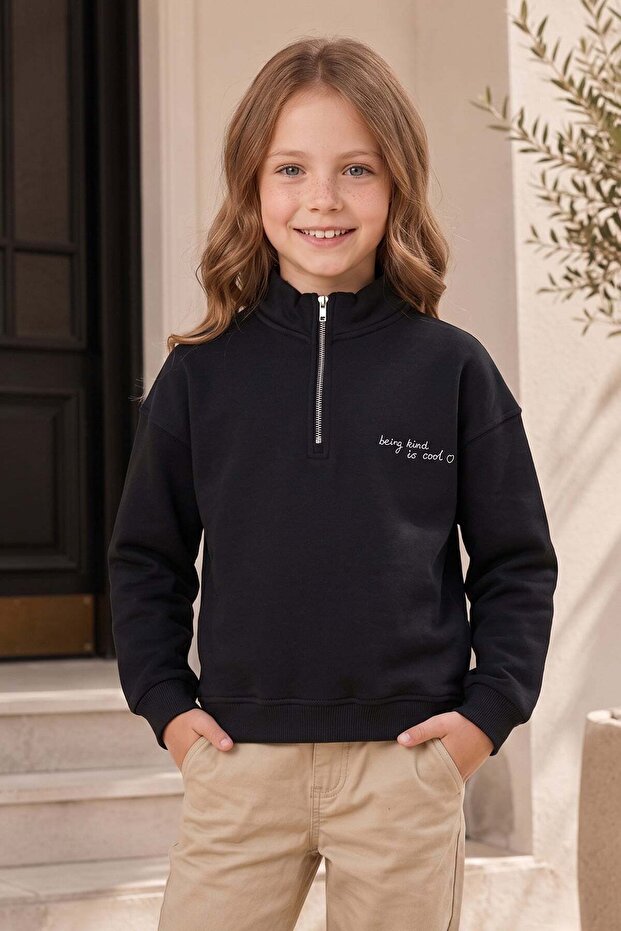 3 Thread Half-Zipper High Collar Girls' Sweatshirt