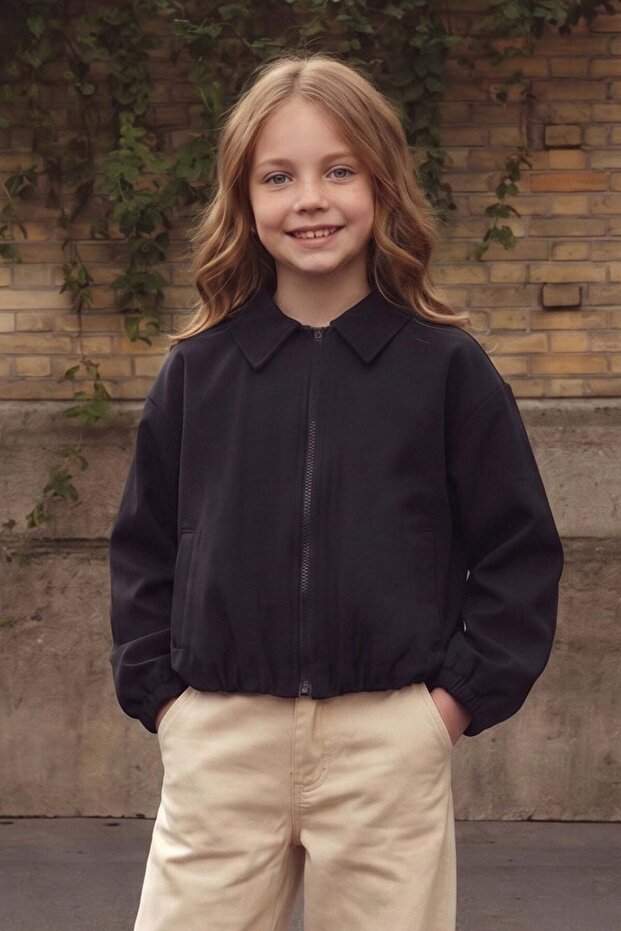 Zippered Pleated Polo Collar Bomber Girls' Jacket