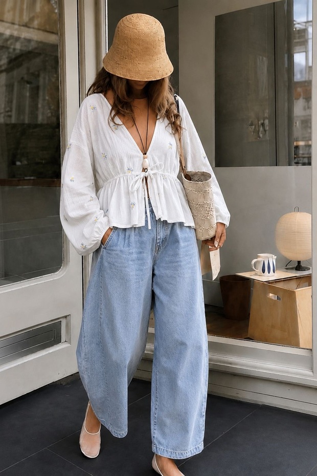Women's V-Neck Tie-Detail Embroidery Detailed Blouse