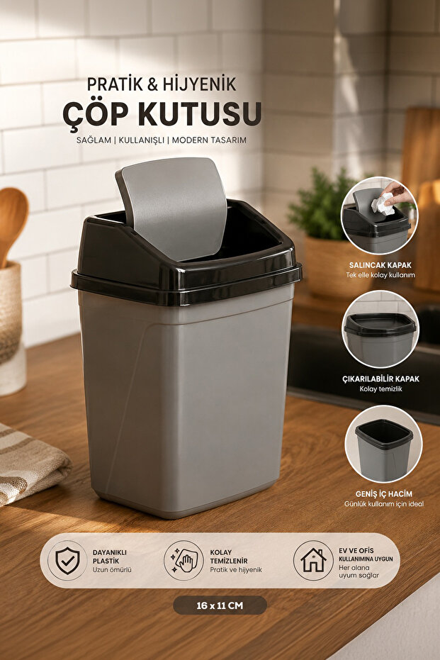 0101 Gray-Black Trash Can with Lid - Favorite Bathroom and Kitchen Waste Bin 5Lt