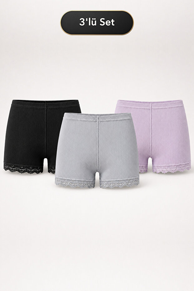 Women's 3-Piece Lace Long Ribbed Boxer Shorts - Cotton Stretch Ribbed Underwear Set (Black, Grey, Lilac) m