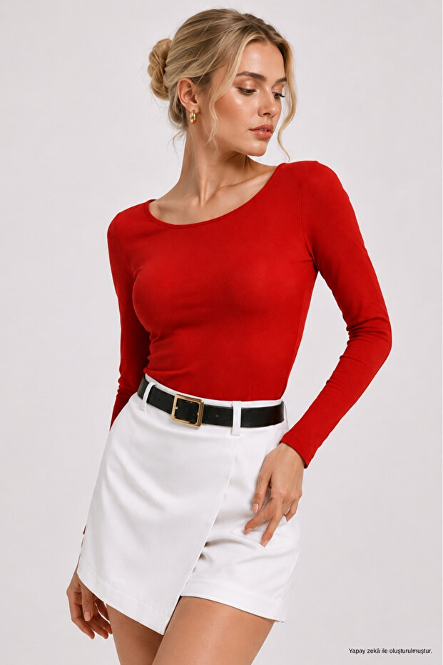 Women's Red Boat Neck Long Sleeve Blouse