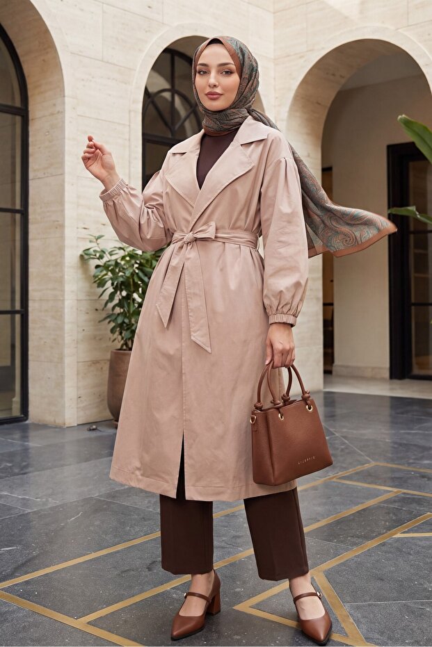 Elastic Sleeves, Belted, Lined Trench Coat - Stone Color