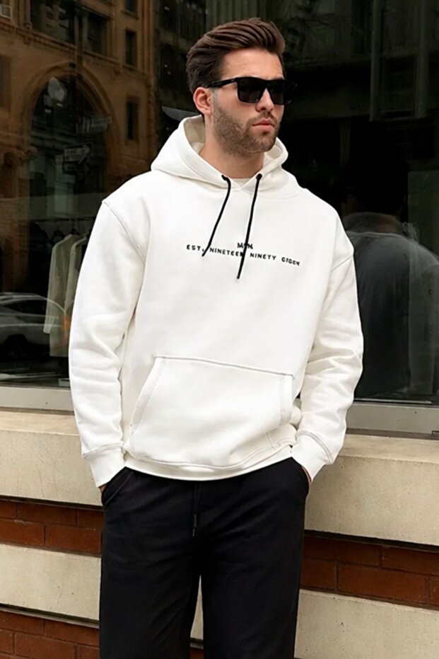 Ecru Hooded Embroidery Detailed Men's Sweatshirt with Pockets 7066