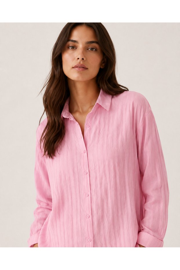 Women's Pastel Pink Textured Fabric Slightly Transparent Shirt with Long Sleeves, Casual & Stylish