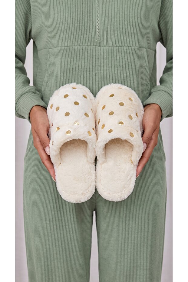 Women's Beige Pauntiye Rabbit Fur Indoor House Slippers 3 cm Byndatom01