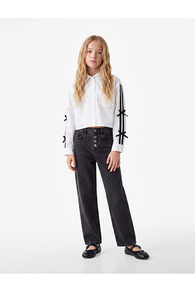 Cotton Bow Tie Detailed Long Sleeve Classic Collar Poplin Crop Shirt