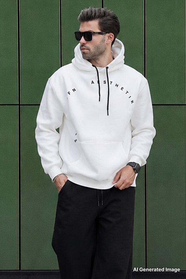 Ecru Hooded Pocket Detailed Embroidered Men's Sweatshirt 7054