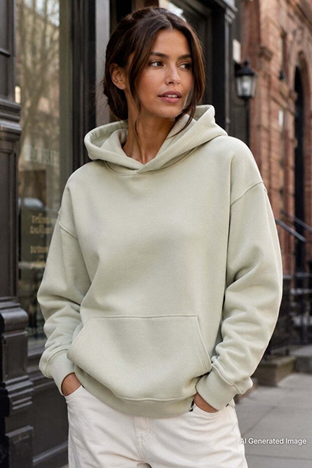 Çağla Yeşili Hooded Fleece-Lined Oversized Pocket Sweatshirt Mg2206