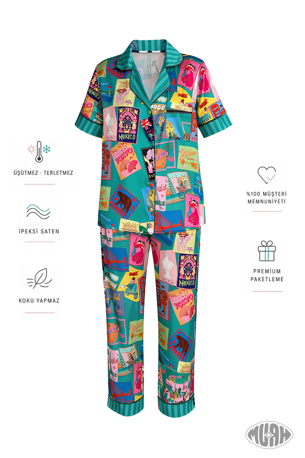 Global Traveler Women Satin Pajama Set Letter Patterned Short Sleeve Green