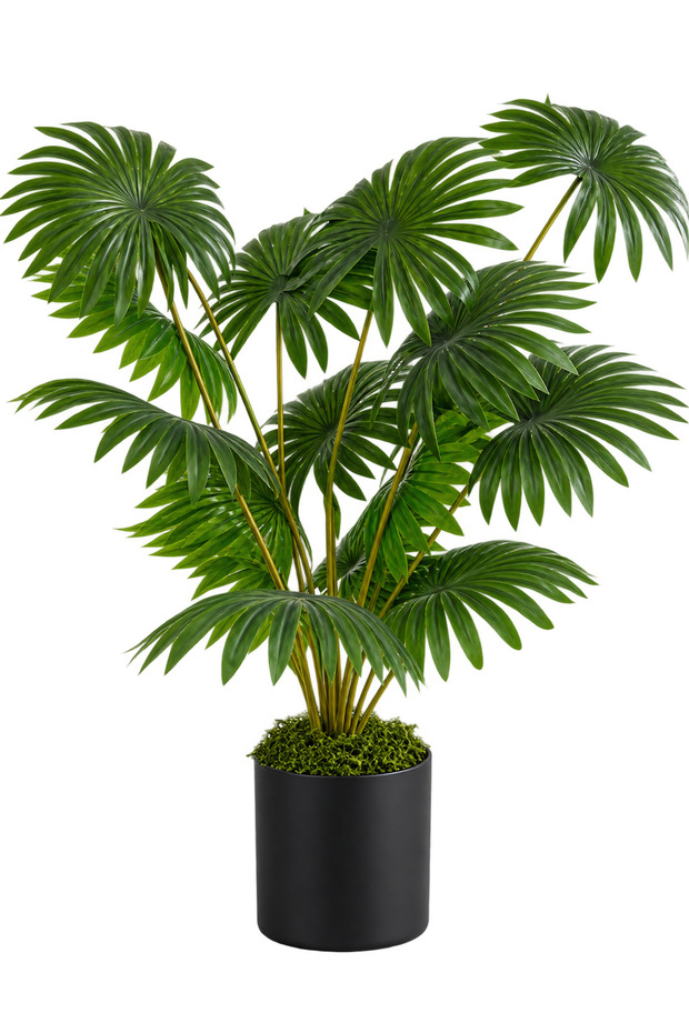 Fan Palm Artificial Plant 75 cm – 18 Leaves – UV & Heat Resistant Comes with Decorative Black Plastic Pot