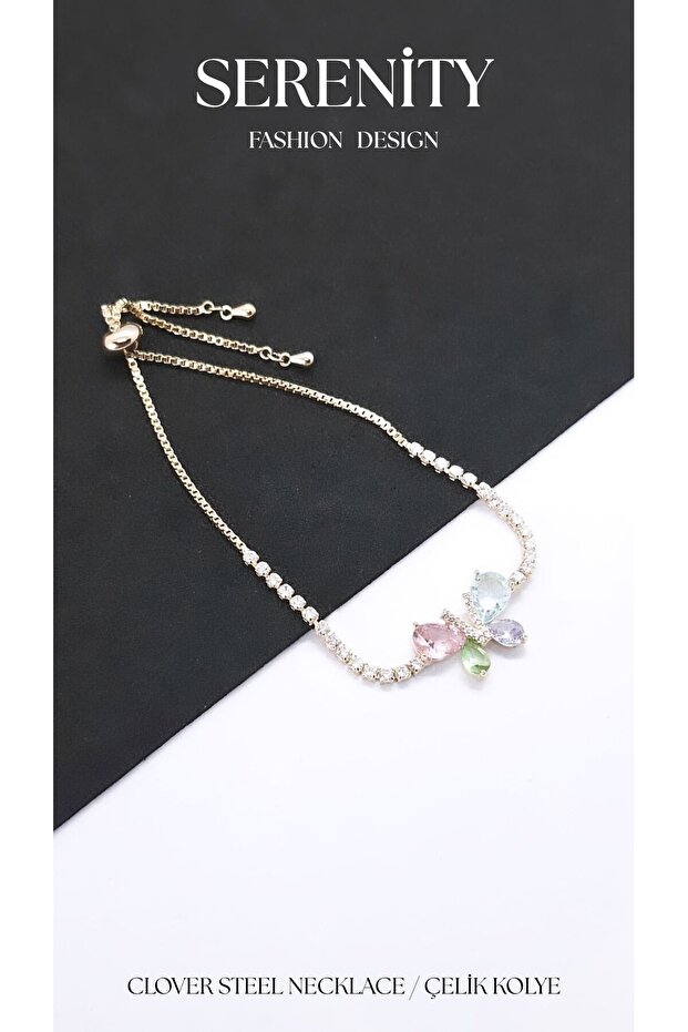 Clover Figured Colorful Zircon Stone Steel Plated Bracelet