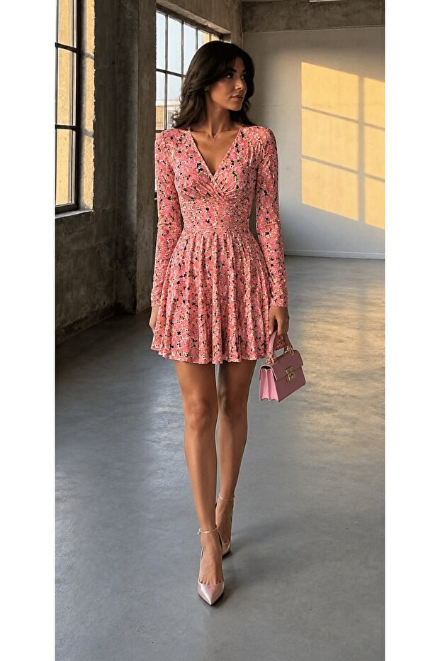 Pink Patterned Double-Breasted Collared Mini Dress 582250