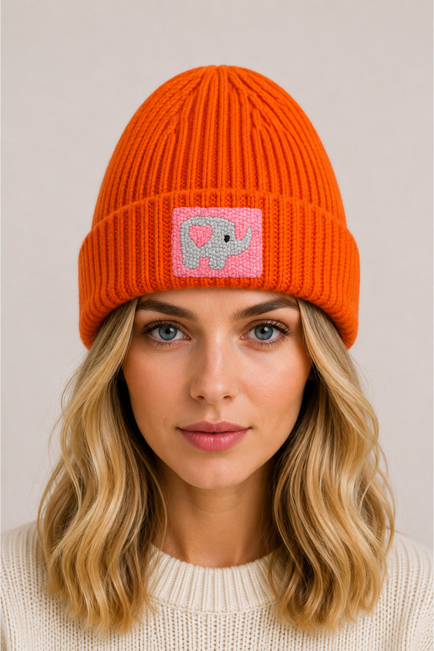 Orange Beret Pink Elephant Punch Patterned Luxury Wool Hat Christmas Gift