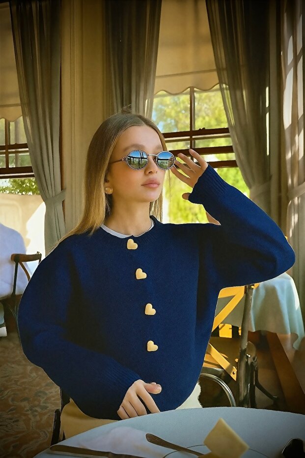 Navy Blue Knitwear Cardigan with Heart Button Detail