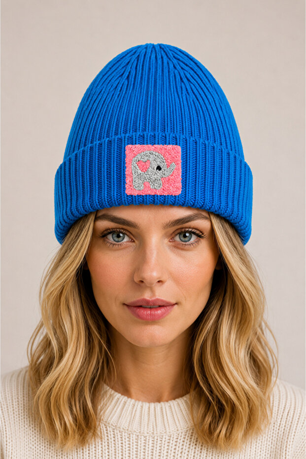 BLUE WOOLED BEAT PINK ELEPHANT ANIMAL PUNCH PATTERNED HAT