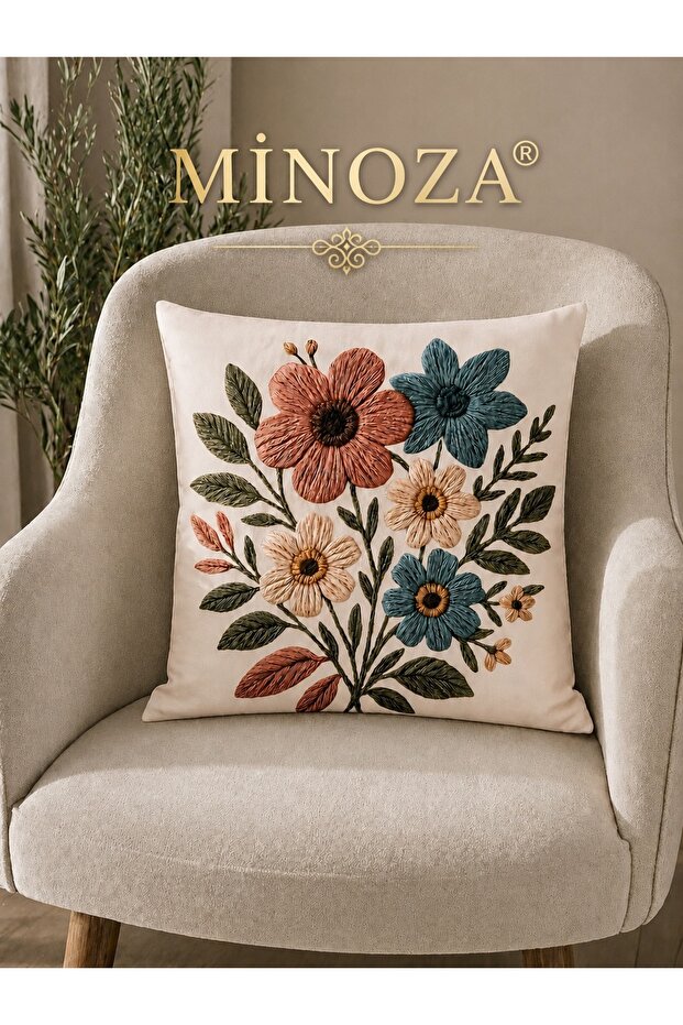 Digital Printed Punch Embroidery Look Floral Decorative Throw Pillow Cover 1 Piece