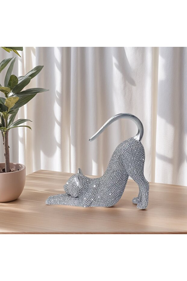 Silver Cat Figurine, Statue for Home Decor, Resin Lazy Cat Stretching Sculpture, with Sparkling Crys