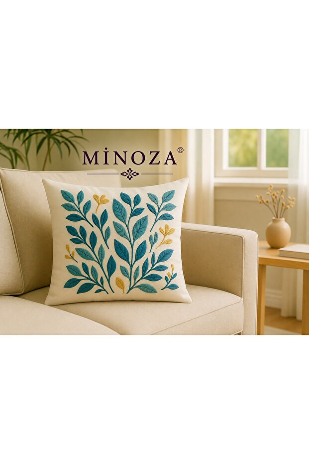 Decorative Throw Pillow Cover with Digital Printed Punch Embroidery Look Leaf Pattern