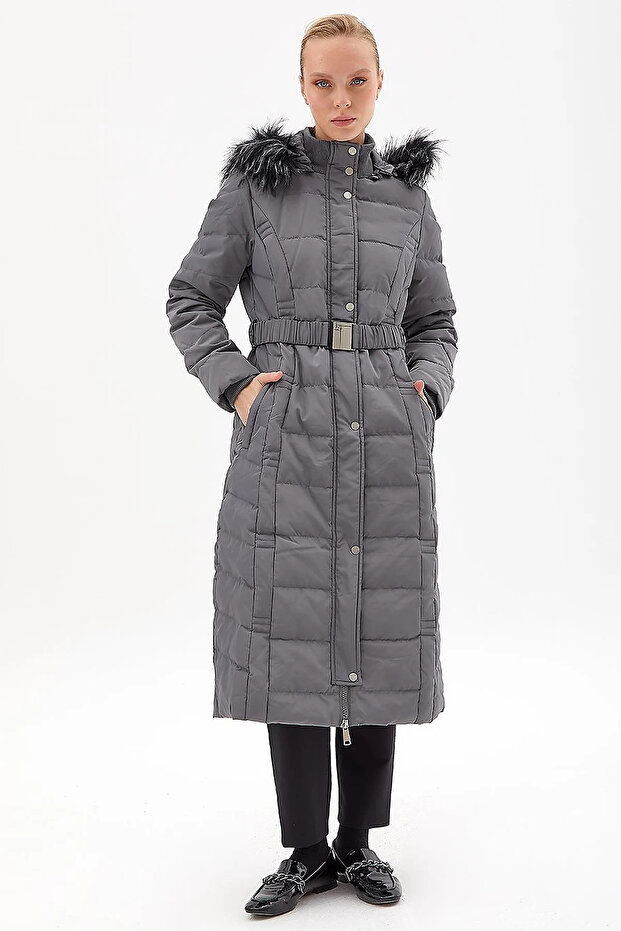 Goose Feather Padded Belted Coat Anthracite