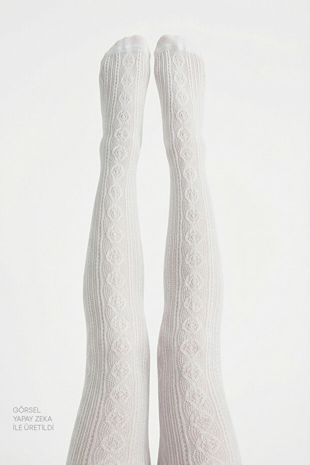 Girl's White Pretty Daisy Patterned Fishnet Pantyhose