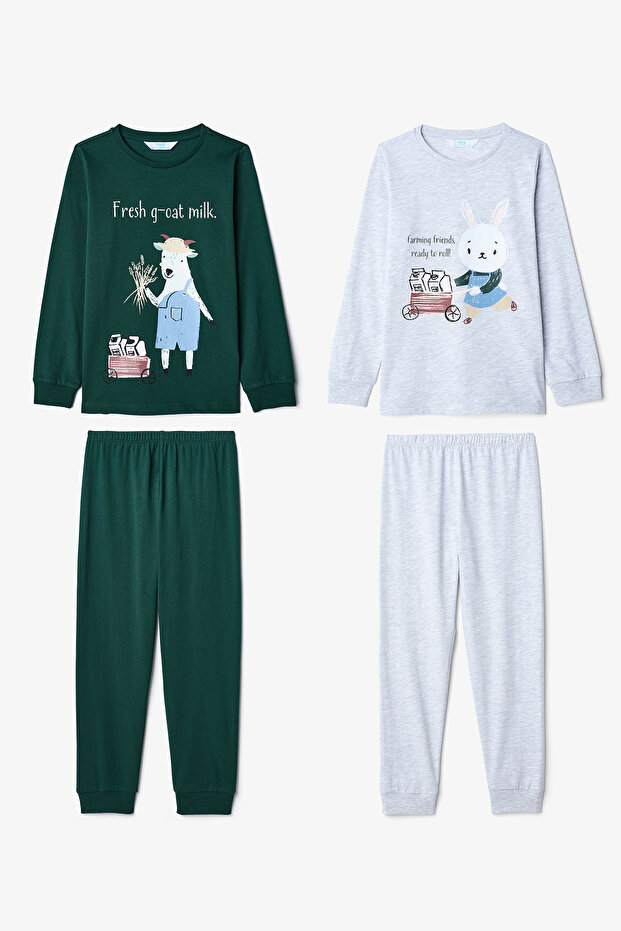 Ecru Boys' Rabbit Patterned Long Sleeve Cotton 2-Piece Pajama Set