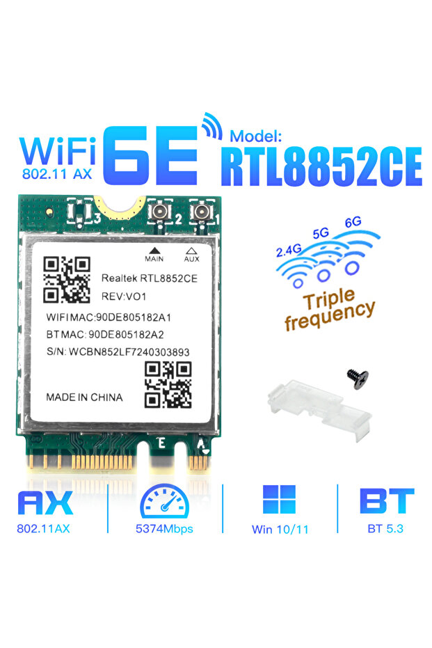 RTL8852CE FENVI WiFi 6E RTL8852CE M.2 Network Card BT5.3 5400Mbps Tri Band 2.4G/5G/6Ghz Wireless WiF
