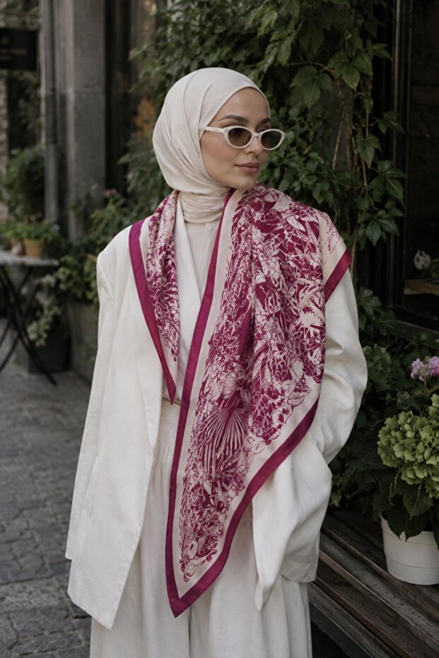 Tropical Bird Pattern Fuchsia-Cream Soft Foulard Scarf 90X90 cm