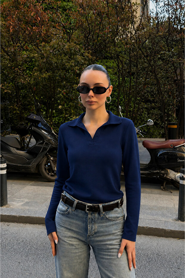 Navy Blue Polo Neck Modal Fabric Blouse Long Sleeve T-Shirt
