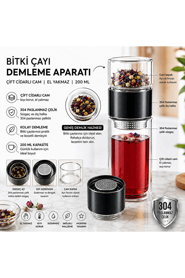 200ml Double Layer Non-Scalding Glass Cup for Brewing Detox Herbal Tea Linden Teapot Suitable for Brewing All Herbal Teas Blackcap
