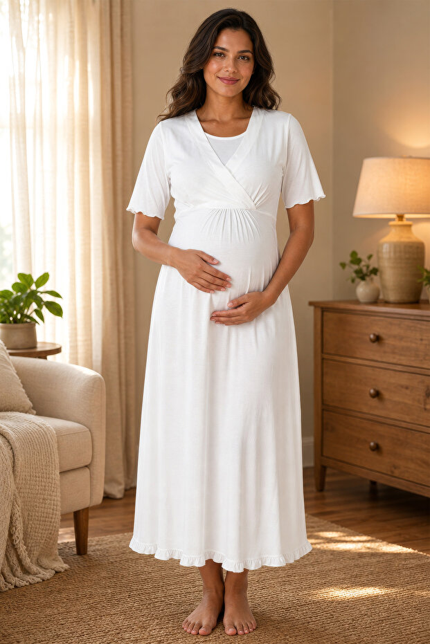 Breastfeeding Feature Cotton Short Sleeve Maternity Nightgown Effortt - Ecru