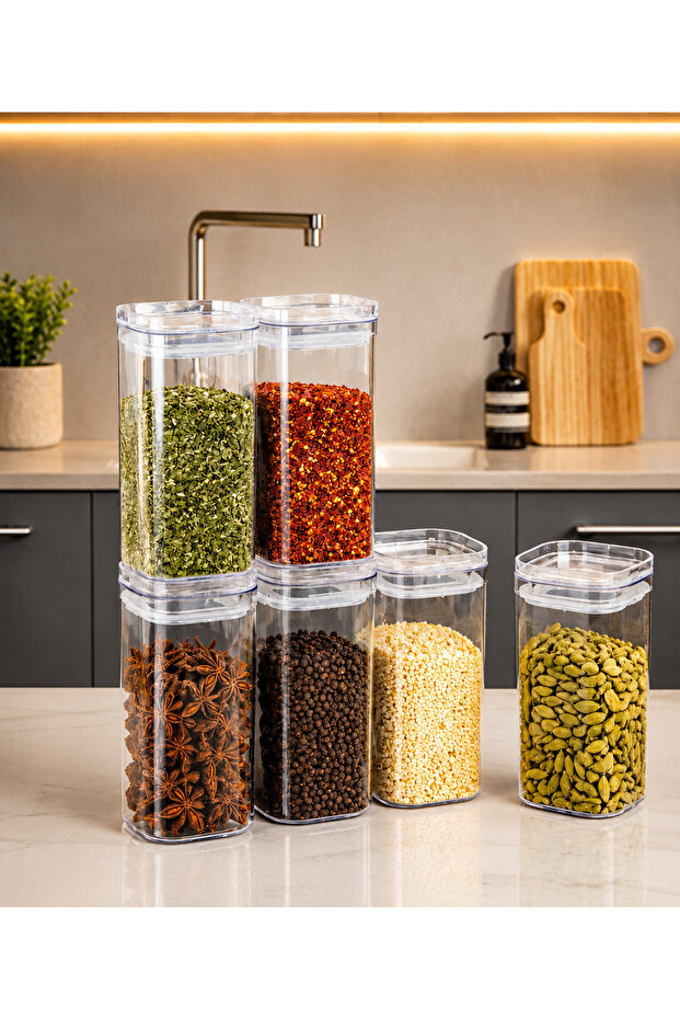 6-Piece Transparent Acrylic Vacuum Lid Spice Container 300 ml with Label Gift