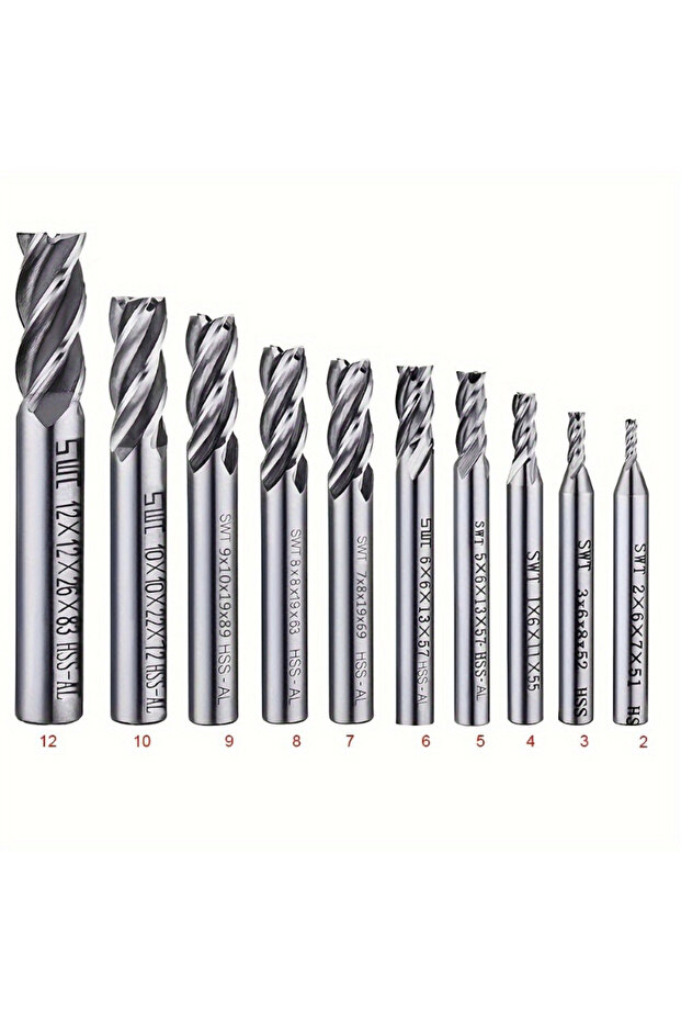 10Pcs set 4 Flute Spiral End Mill Set 2-12mm High-Speed Steel CNC Lathe Cutter Bits Straight Shank P
