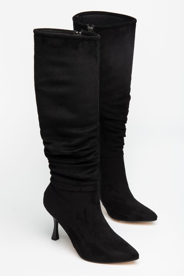 Tmara Women's Black Suede Drawstring Zippered Heeled Long Boots