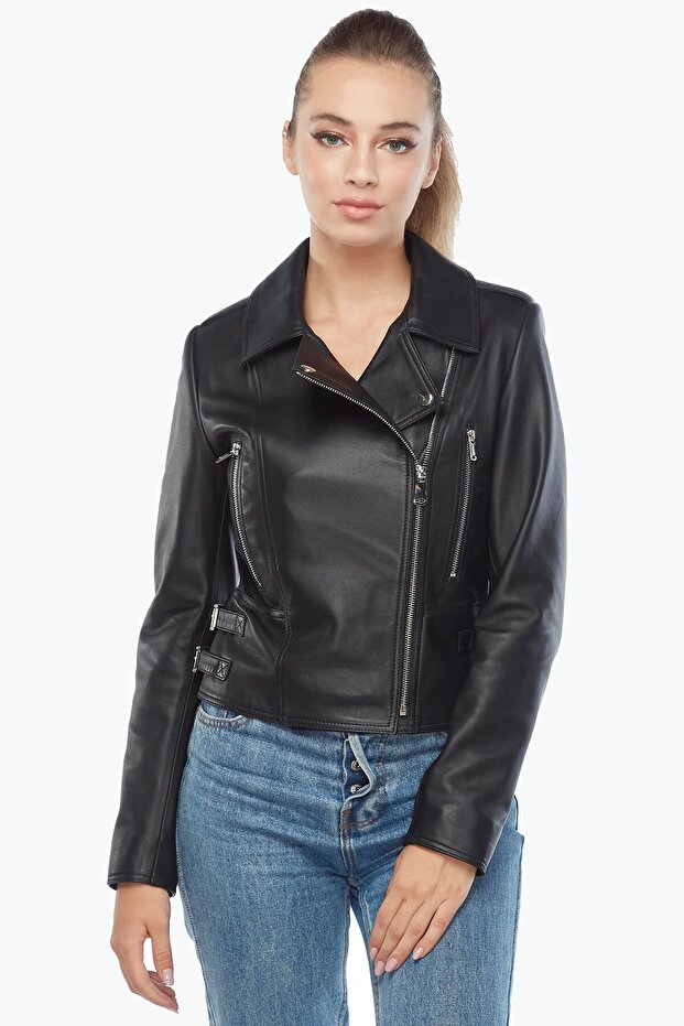 Nera Genuine Lambskin Biker Women's Coat Black