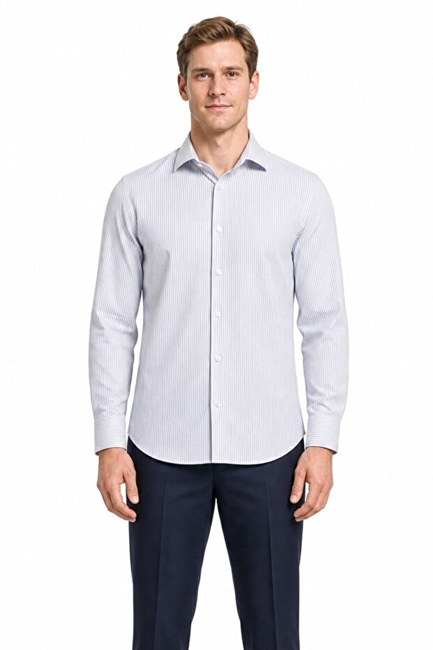 White Sleeve Striped Pattern Cloth Footed Italian Collar Pocketless Flexible Classic Slim Fit Shirt 1004250201
