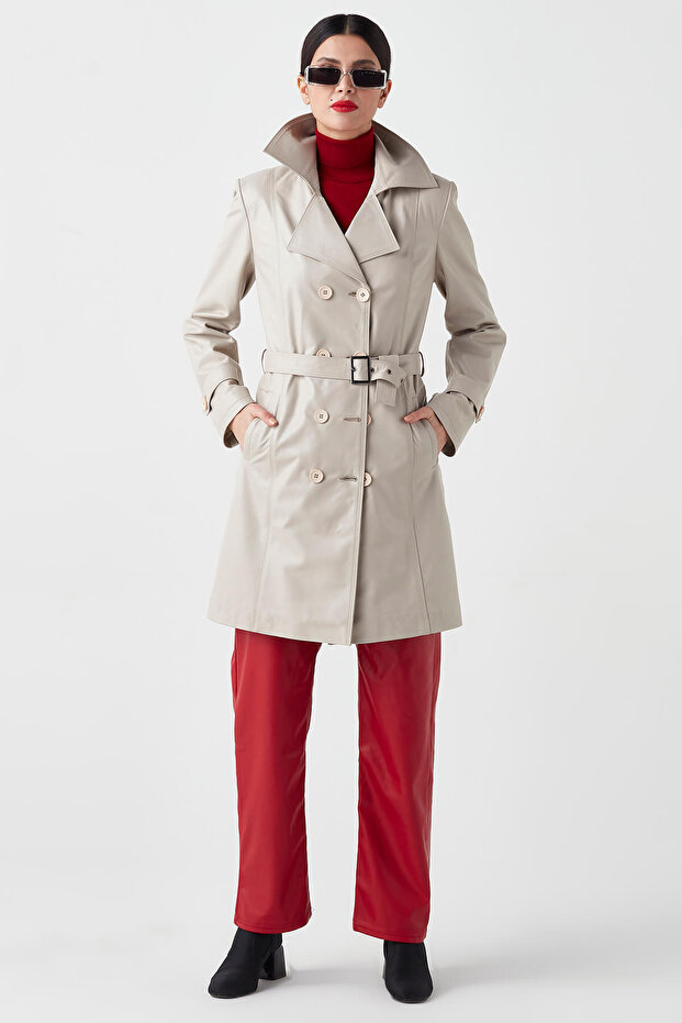 Juliet Genuine Lambskin Belted Women's Trench Coat Beige