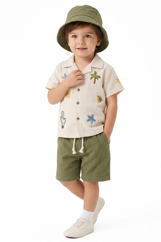 Boy's Beige Khaki Green Star Embroidered Hat and Muslin Shorts 3-Piece Set