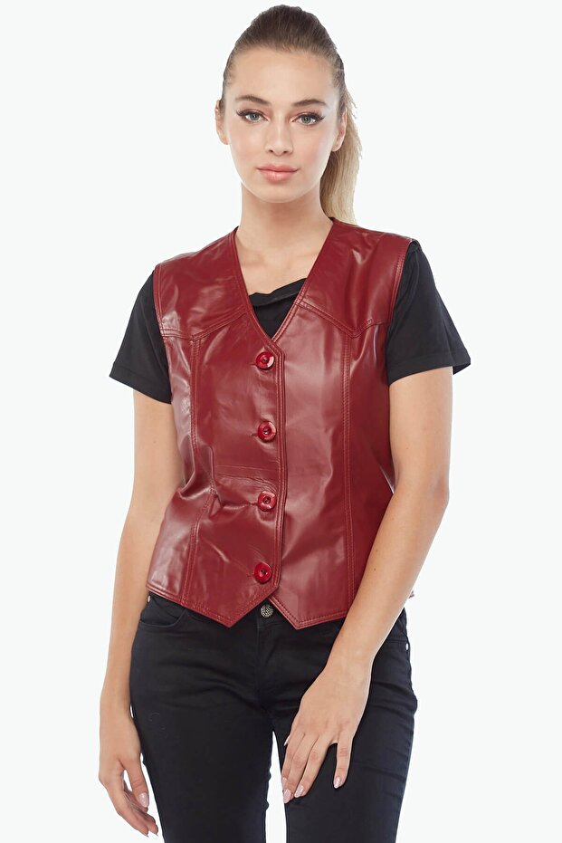 Genuine Lambskin Classic Women's Vest Red