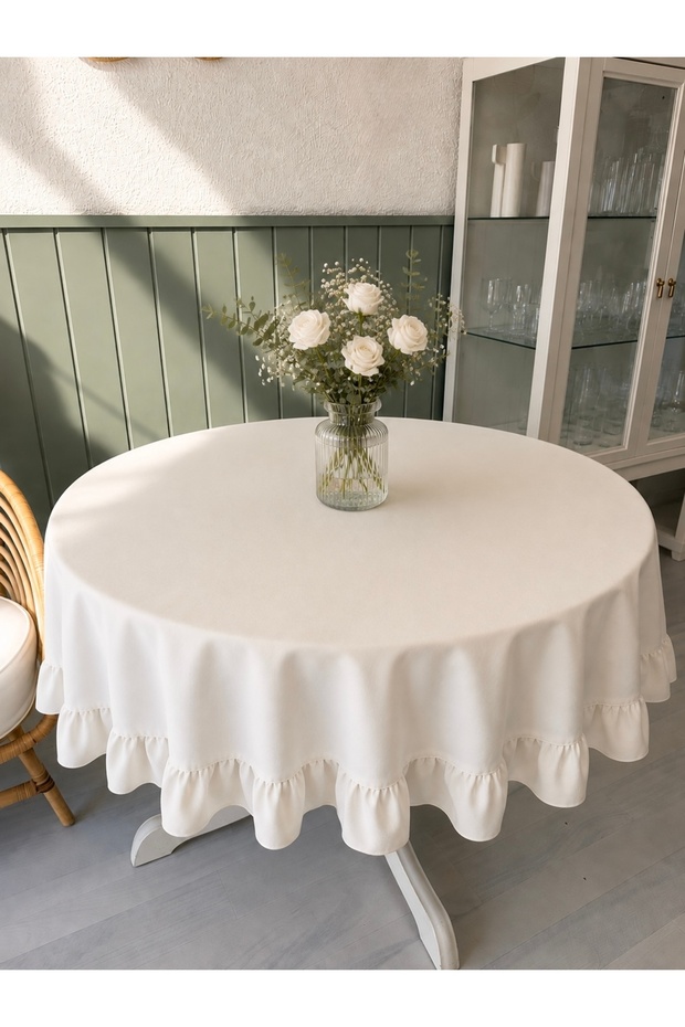Aura Liquid-Proof Ruffled Round Tablecloth Ecru